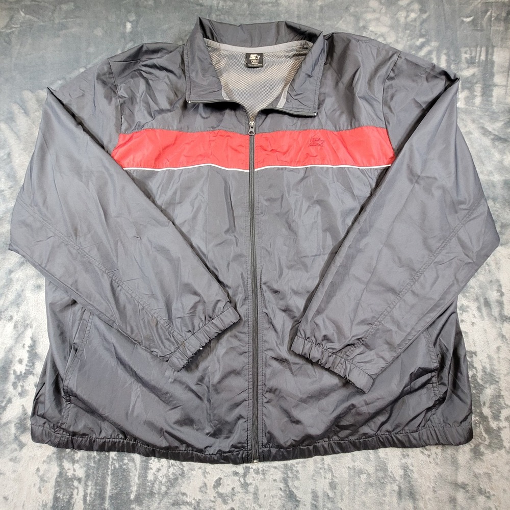 Starter Mens 3XL Windbreaker Jacket Greystone Red Stripe Full Zip Mesh Lined